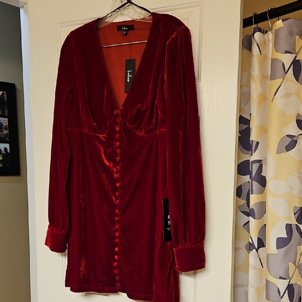 Lulu's Red Velvet Long Sleeve Dress